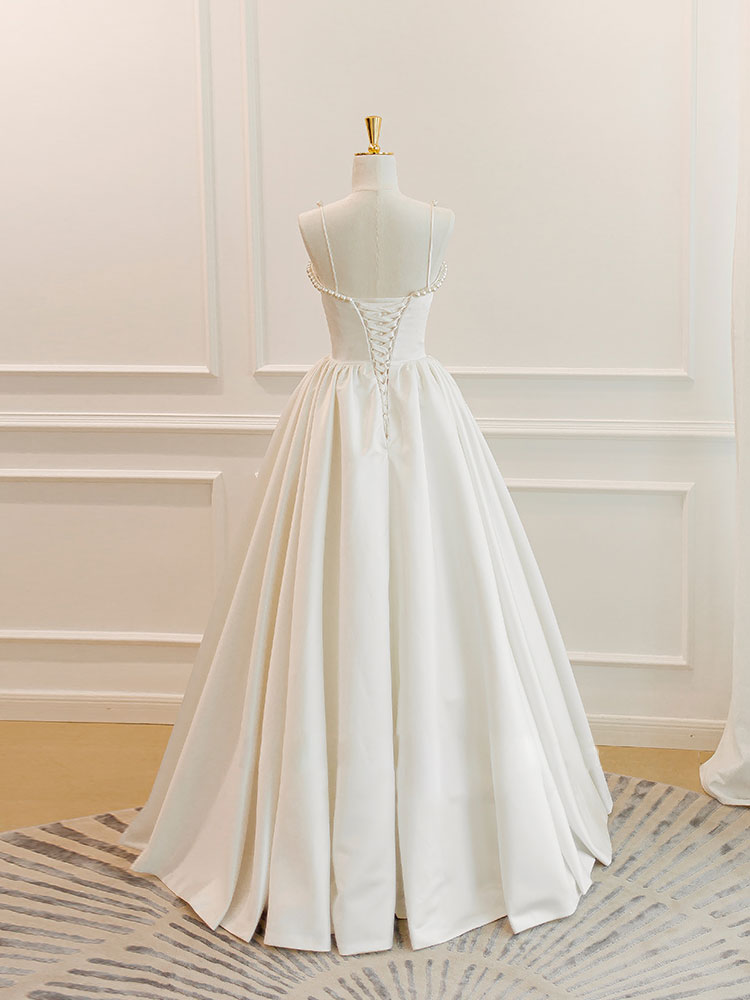 A-Line Ivory Square Neck Floor-Length Satin Prom Dress with Pearl Beaded Trim