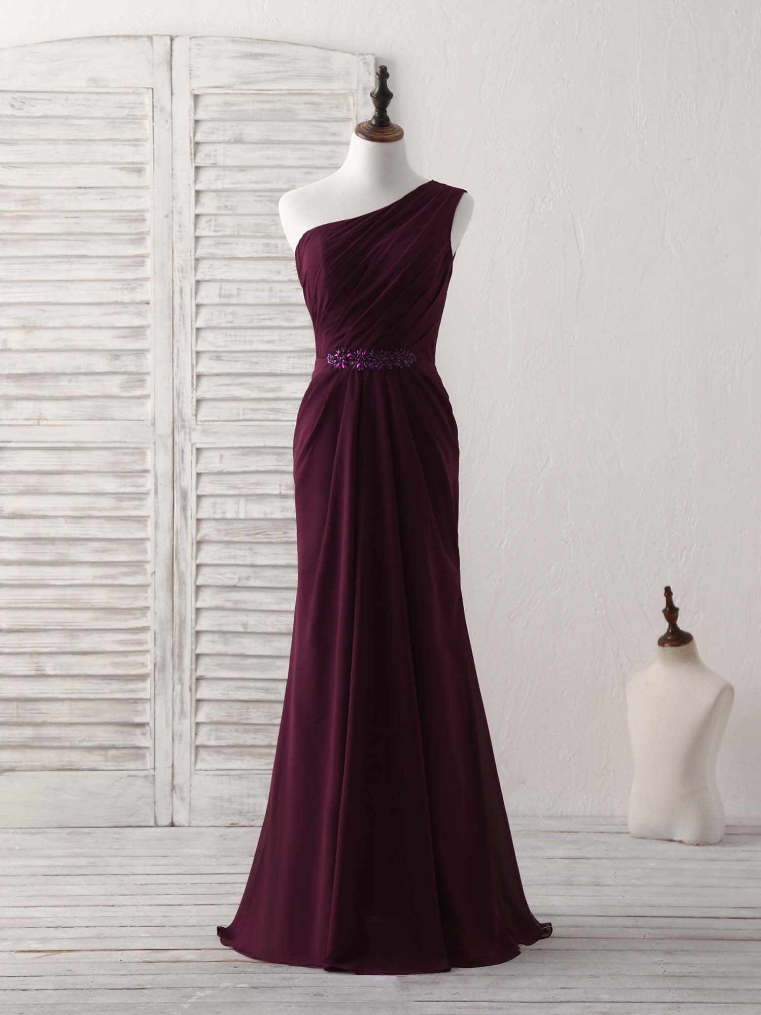 Mermaid One-Shoulder Floor-Length Chiffon Prom Dress with Beaded Waistband