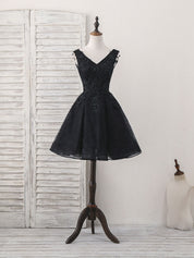 A-line V Neck Short Tulle & Lace Homecoming Dress with Beaded Detail
