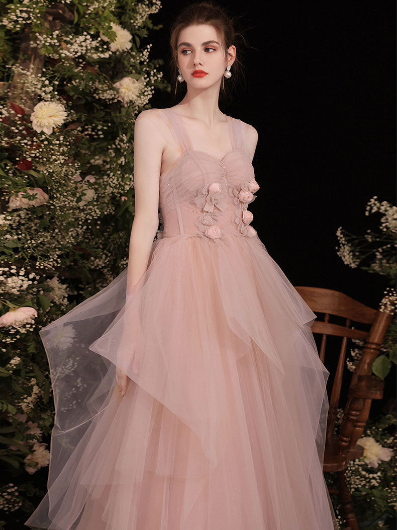 A-Line Off-the-Shoulder Floor-Length Blush Tulle Prom Dress with 3D Floral Appliqué