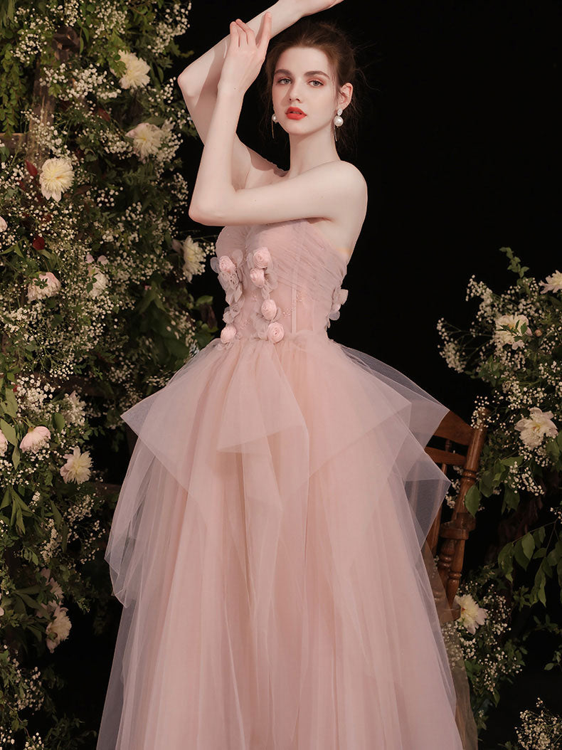 A-Line Off-the-Shoulder Floor-Length Blush Tulle Prom Dress with 3D Floral Appliqué