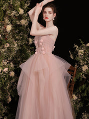 A-Line Off-the-Shoulder Floor-Length Blush Tulle Prom Dress with 3D Floral Appliqué