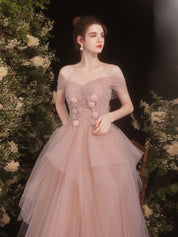 A-Line Off-the-Shoulder Floor-Length Blush Tulle Prom Dress with 3D Floral Appliqué