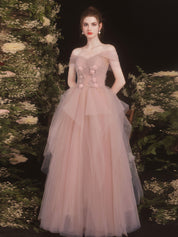 A-Line Off-the-Shoulder Floor-Length Blush Tulle Prom Dress with 3D Floral Appliqué