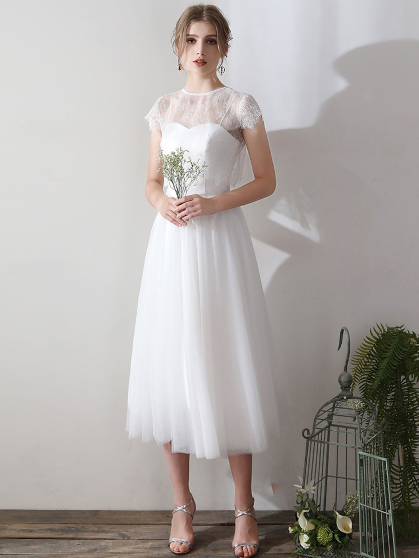 White A-Line Illusion Neck Tea-Length Tulle Prom Dress with Delicate Lace Overlay