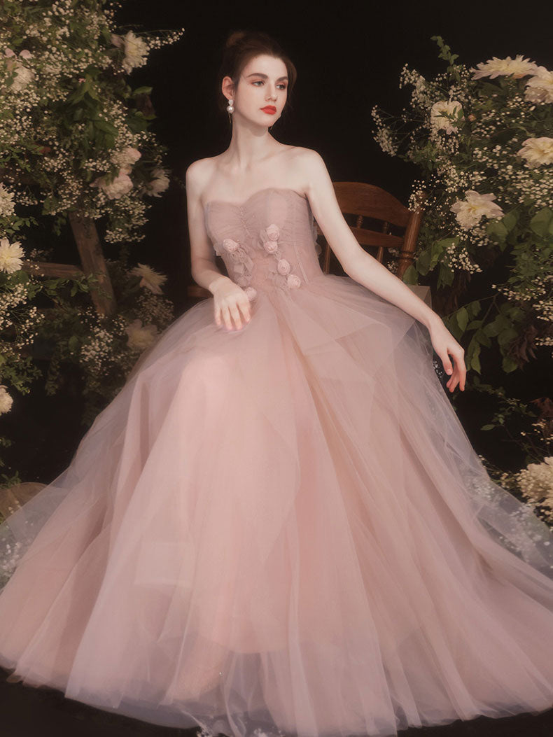 A-Line Off-the-Shoulder Floor-Length Blush Tulle Prom Dress with 3D Floral Appliqué
