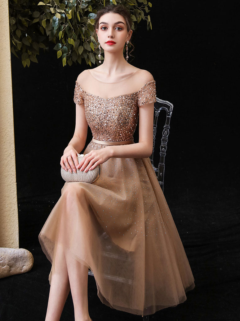 A-Line Illusion Off-the-Shoulder Knee-Length Champagne Tulle Homecoming Dress with Allover Beading