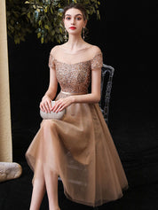 A-Line Illusion Off-the-Shoulder Knee-Length Champagne Tulle Homecoming Dress with Allover Beading