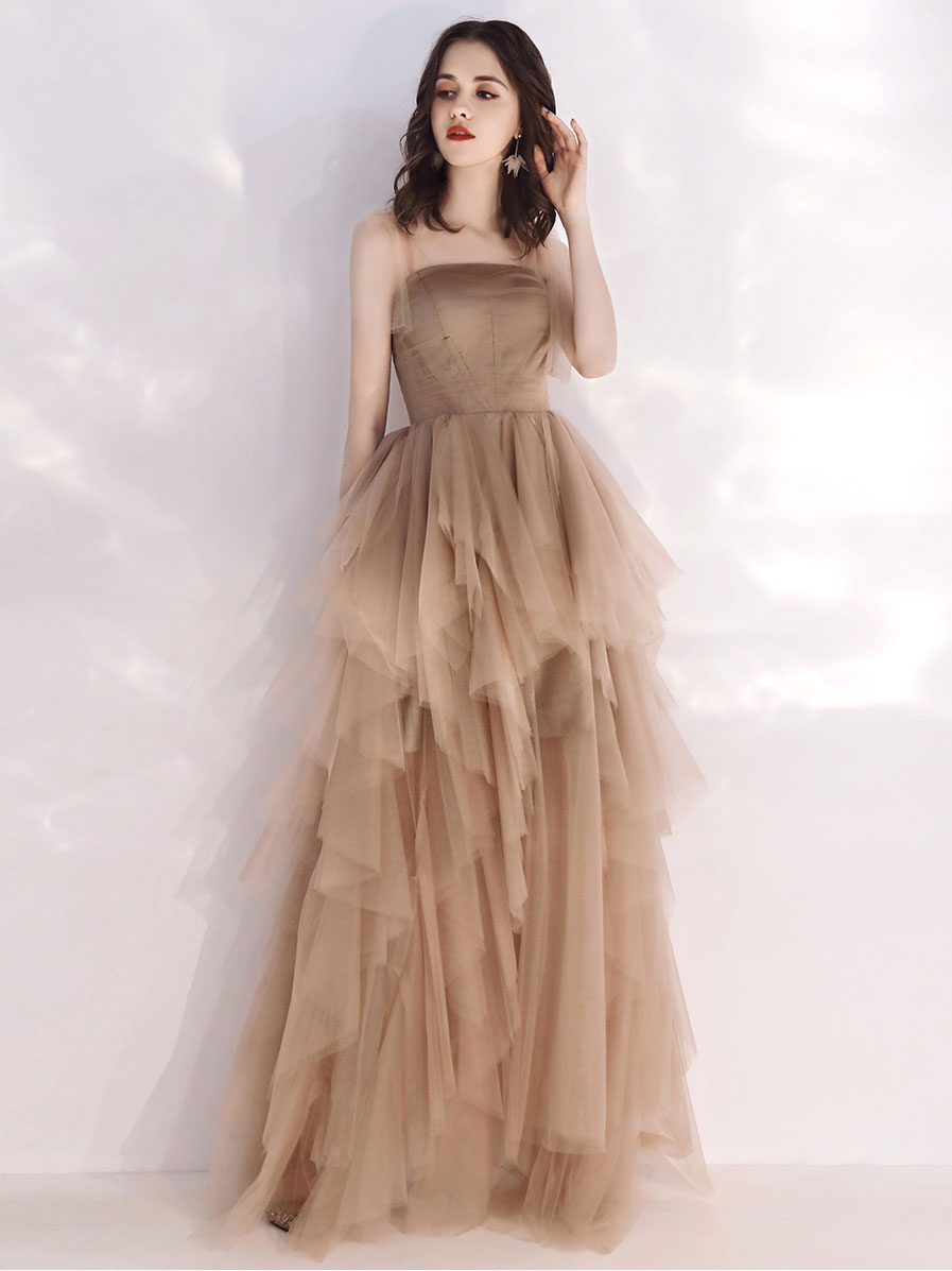 A-Line Bow-Tie Shoulder Straps Floor-Length Champagne Tulle Layered Prom Dress