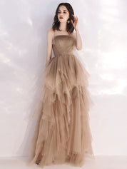A-Line Bow-Tie Shoulder Straps Floor-Length Champagne Tulle Layered Prom Dress