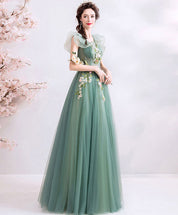 A-Line V-Neck Floor-Length Mint Green Tulle Lace Prom Dress with Floral Appliqué