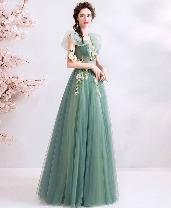 A-Line V-Neck Floor-Length Mint Green Tulle Lace Prom Dress with Floral Appliqué
