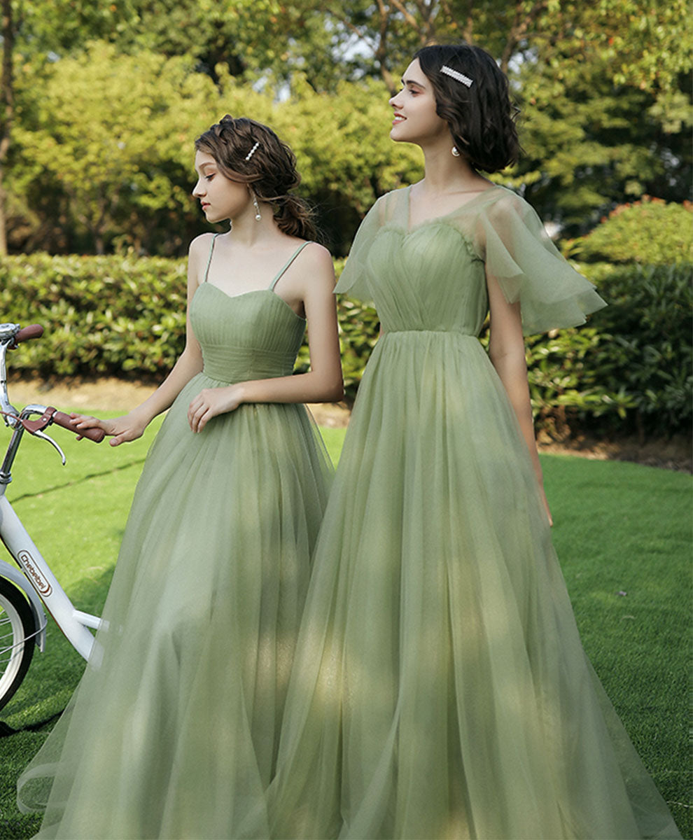 A-Line Sage Green Off-the-Shoulder Floor-Length Tulle Prom Dress with Draped Bodice