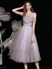 A-Line Strapless Tea-Length Dusty Lavender Tulle Prom Dress with Bow Detail