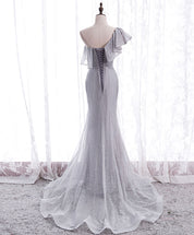 Mermaid One-Shoulder Floor-Length Silver Gray Tulle Sequin Prom Dress with Ruffle Overlay