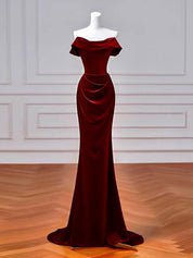 Mermaid Off-the-Shoulder Floor-Length Navy Velvet Prom Dress with Draped Bodice