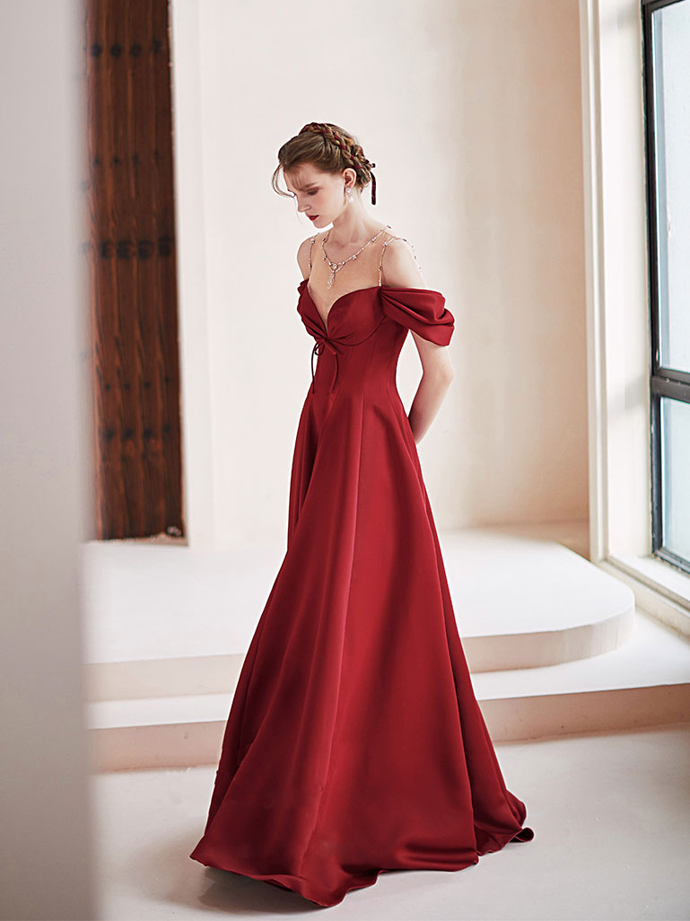 A-Line Burgundy Illusion V Neck Floor-Length Satin Prom Dress with Embellished Neckline