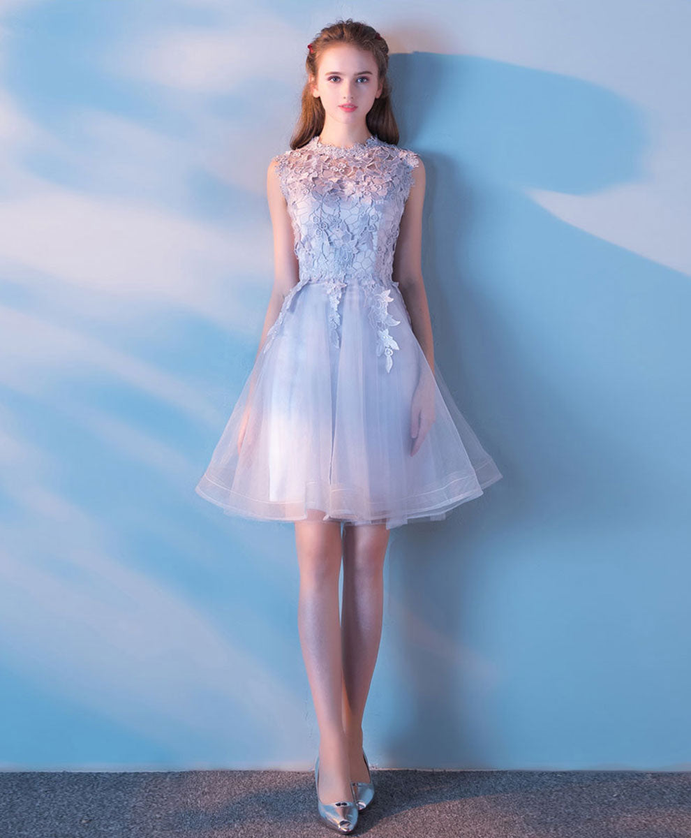 A-Line Illusion Neck Knee-Length Light Blue Tulle Lace Homecoming Dress