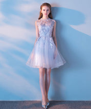 A-Line Illusion Neck Knee-Length Light Blue Tulle Lace Homecoming Dress