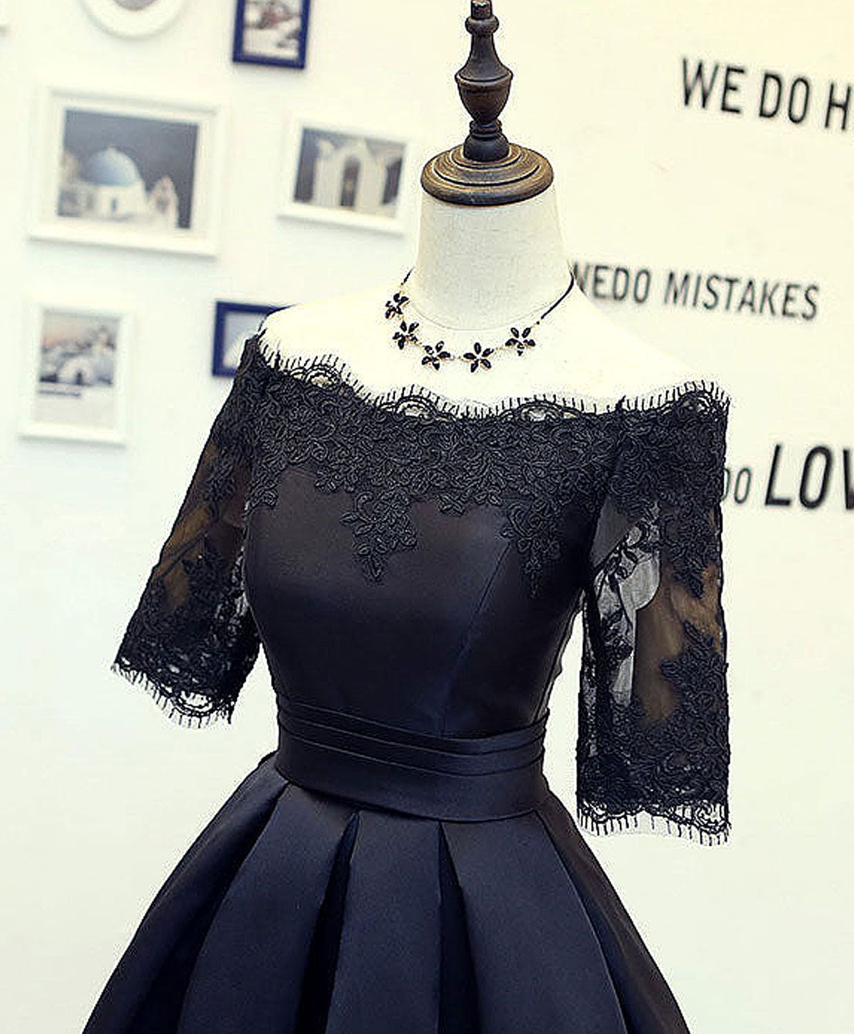 Elegant Off-The-Shoulder Lace Applique Satin Tea-Length Homecoming Dress With Half Sleeves & Lace-Up Back