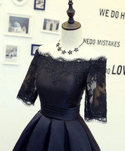 Elegant Off-The-Shoulder Lace Applique Satin Tea-Length Homecoming Dress With Half Sleeves & Lace-Up Back