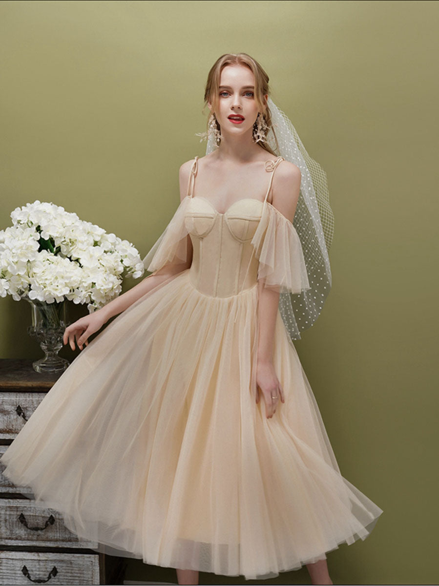 A-Line Sweetheart Neckline Knee-Length Champagne Tulle Corset-Inspired Prom Dress