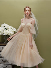 A-Line Sweetheart Neckline Knee-Length Champagne Tulle Corset-Inspired Prom Dress