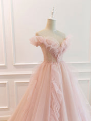 A-Line V Neck Off-the-Shoulder Floor-Length Tulle Beaded Prom Dress
