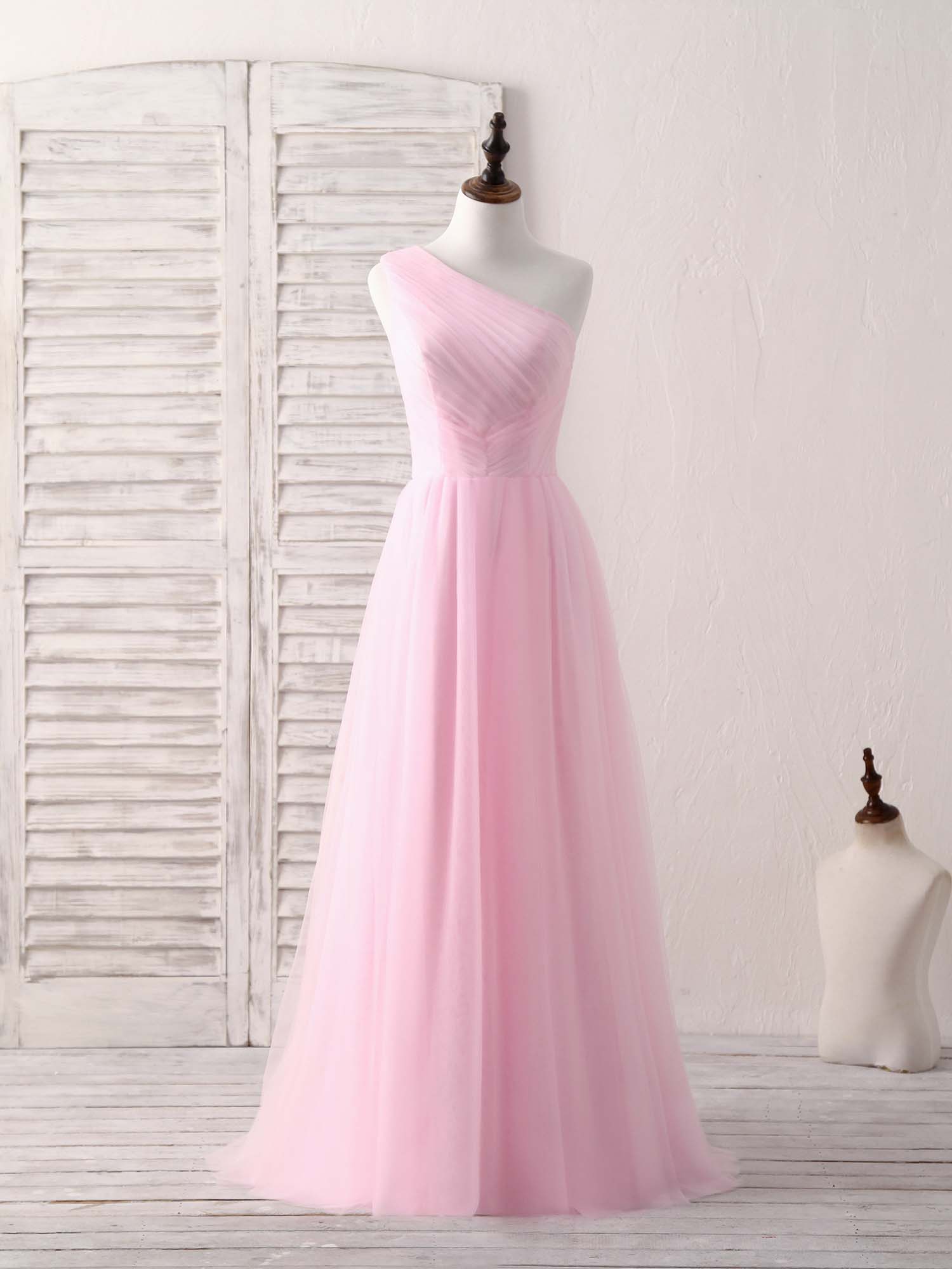 A-line One-Shoulder Floor-Length Tulle Prom Dress with Pleated Bodice