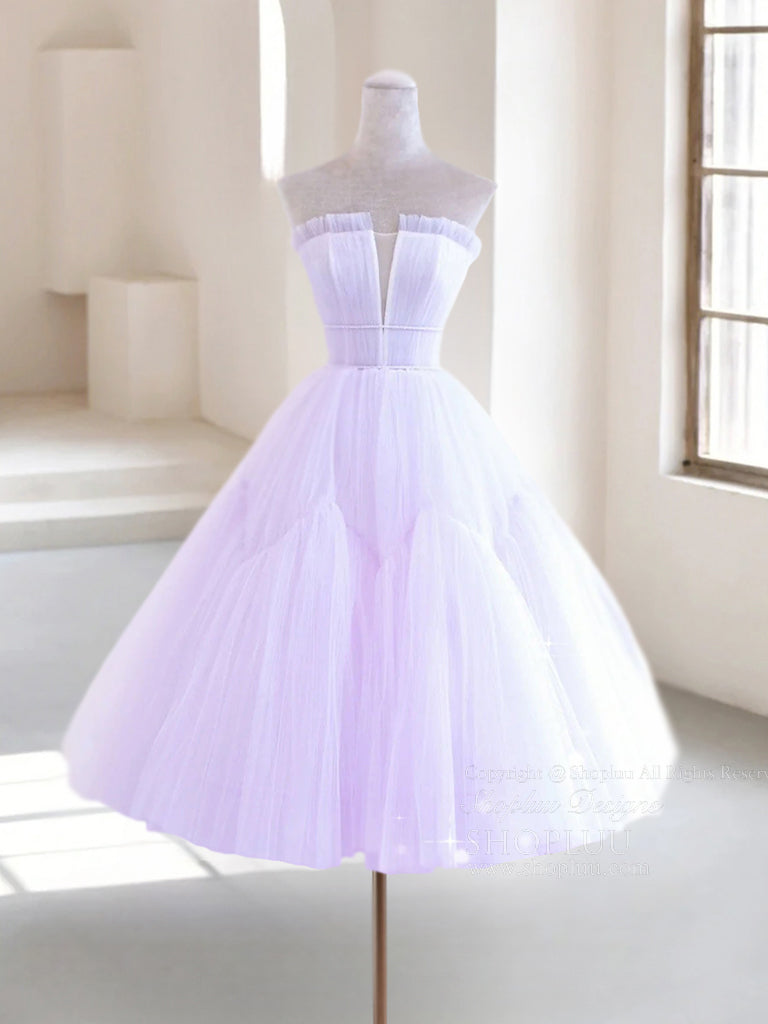 A-Line Straight Neckline Knee-Length Lavender Tulle Homecoming Dress with Illusion Bodice