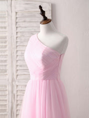 A-line One-Shoulder Floor-Length Tulle Prom Dress with Pleated Bodice