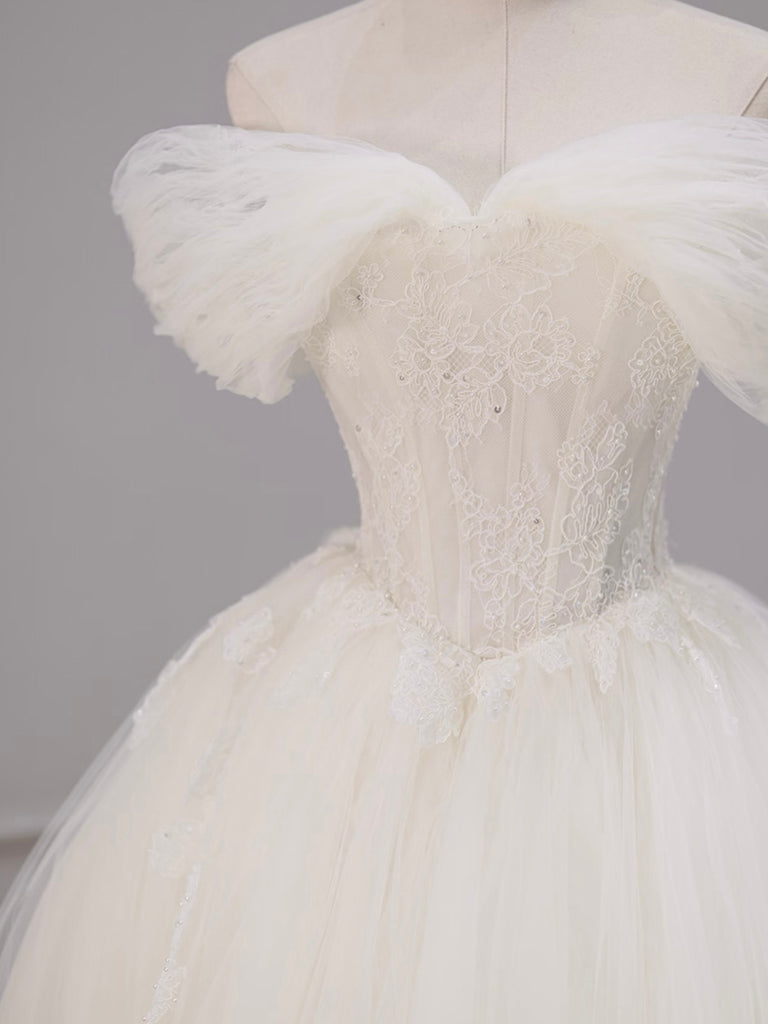 Off Shoulder Tulle & Lace Ball Gown Prom Dress with Lace-Up Back