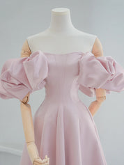 A-Line Off Shoulder Satin Pink Short Prom Dress, Pink Homecoming Dress