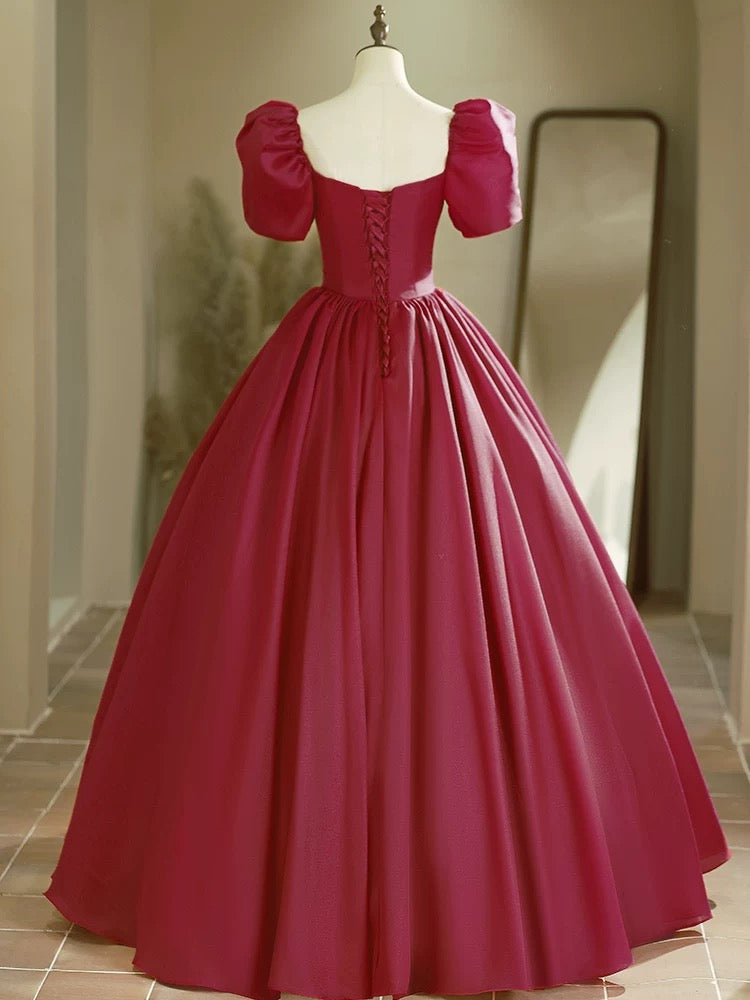 A-Line Puff Sleeves Burgundy Long Prom Dress, Burgundy Long Formal Dress