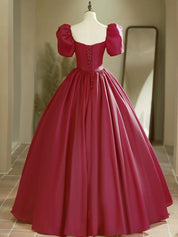 A-Line Puff Sleeves Burgundy Long Prom Dress, Burgundy Long Formal Dress