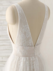 A-line Deep V Neck Floor-Length Tulle & Lace Prom Dress with Sheer Bodice Detail