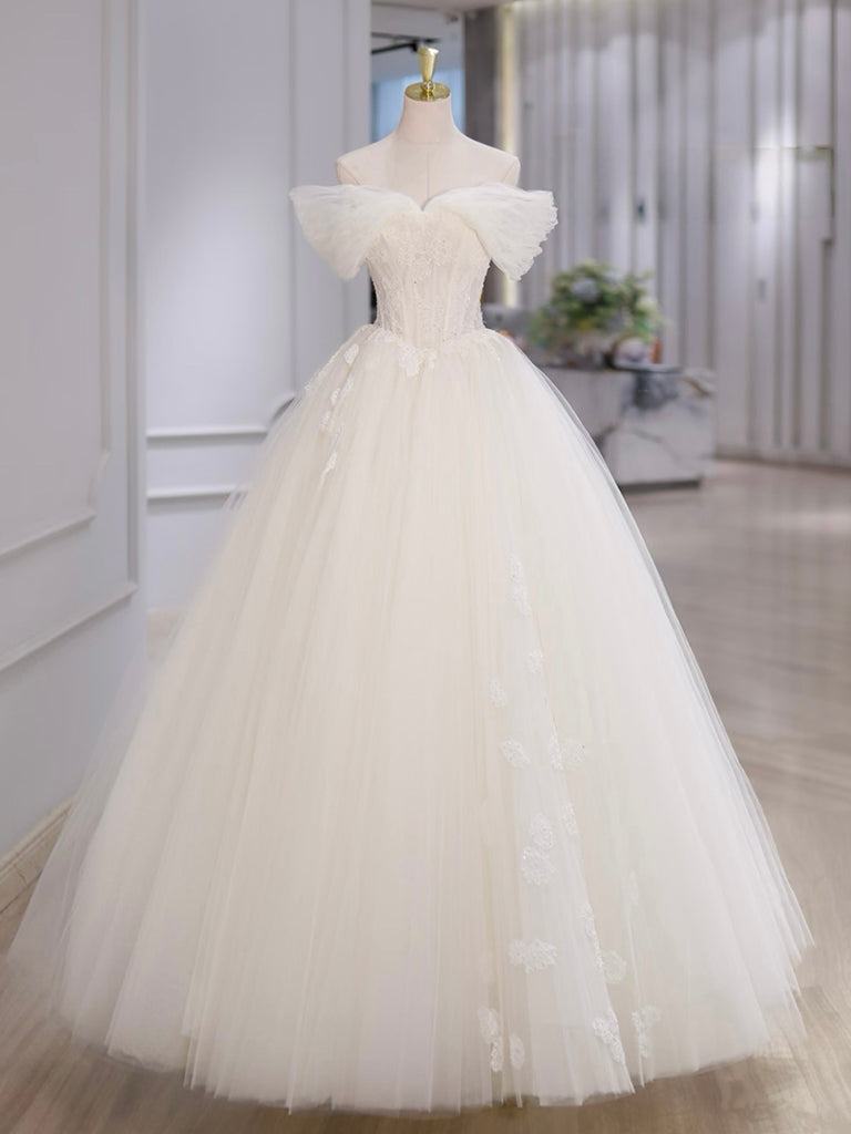 Off Shoulder Tulle & Lace Ball Gown Prom Dress with Lace-Up Back