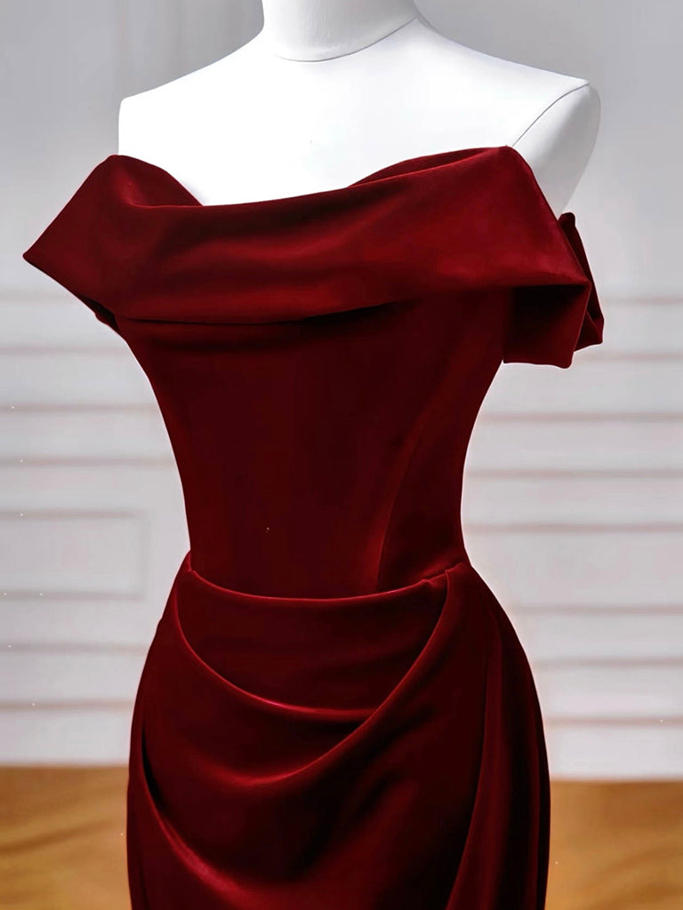 Mermaid Velvet Burgundy Long Prom Dress, Burgundy Long Formal Dress