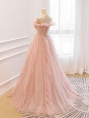 A-Line V Neck Off-the-Shoulder Floor-Length Tulle Beaded Prom Dress