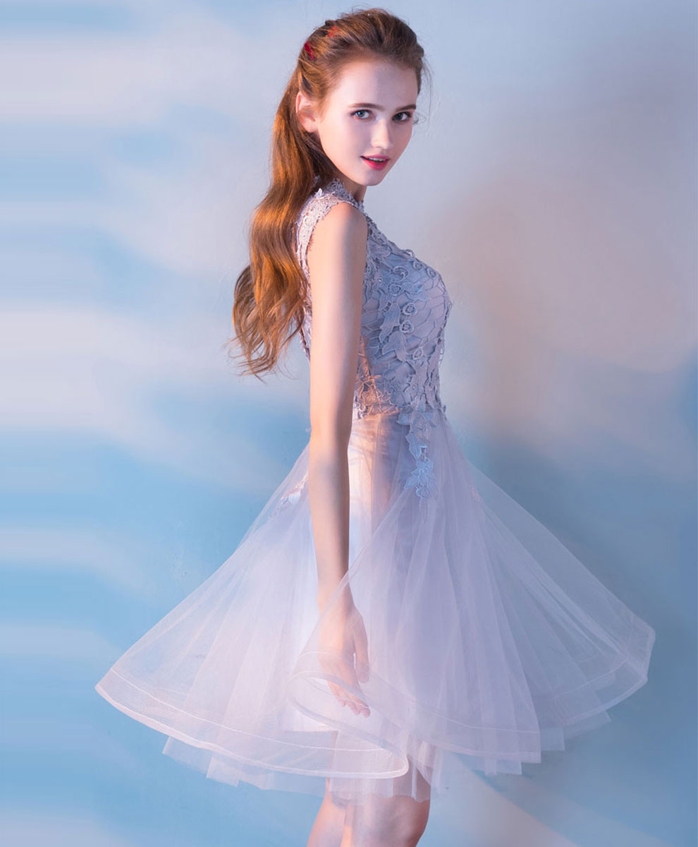 A-Line Illusion Neck Knee-Length Light Blue Tulle Lace Homecoming Dress