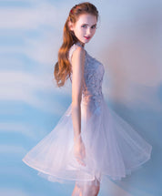 A-Line Illusion Neck Knee-Length Light Blue Tulle Lace Homecoming Dress