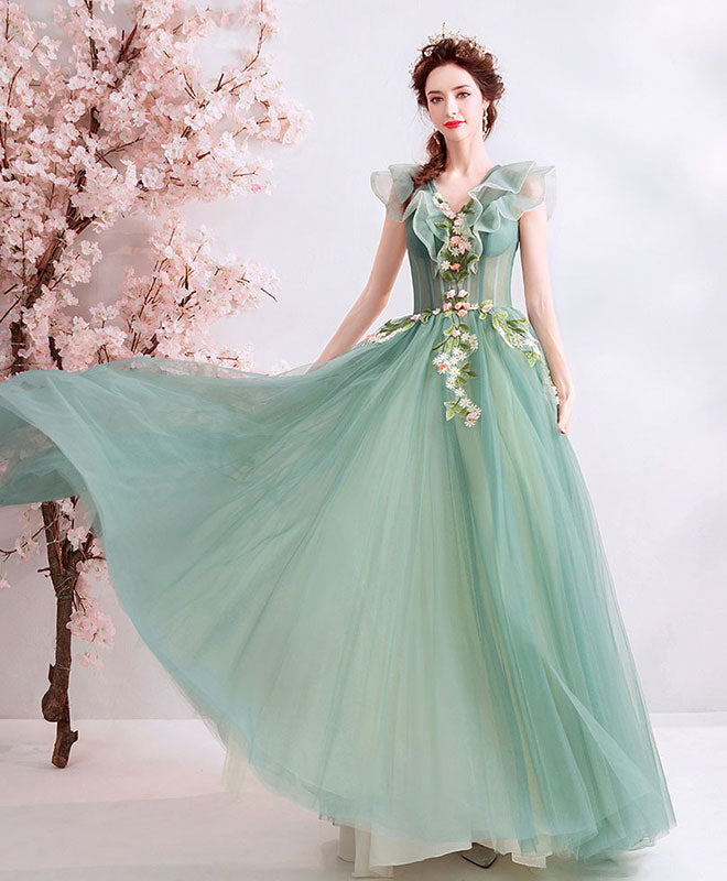 A-Line V-Neck Floor-Length Mint Green Tulle Lace Prom Dress with Floral Appliqué