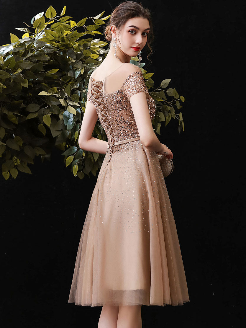 A-Line Illusion Off-the-Shoulder Knee-Length Champagne Tulle Homecoming Dress with Allover Beading