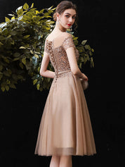 A-Line Illusion Off-the-Shoulder Knee-Length Champagne Tulle Homecoming Dress with Allover Beading