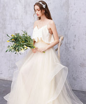 A-Line Spaghetti Straps Floor-Length Ivory Tulle Flowing Prom Dress