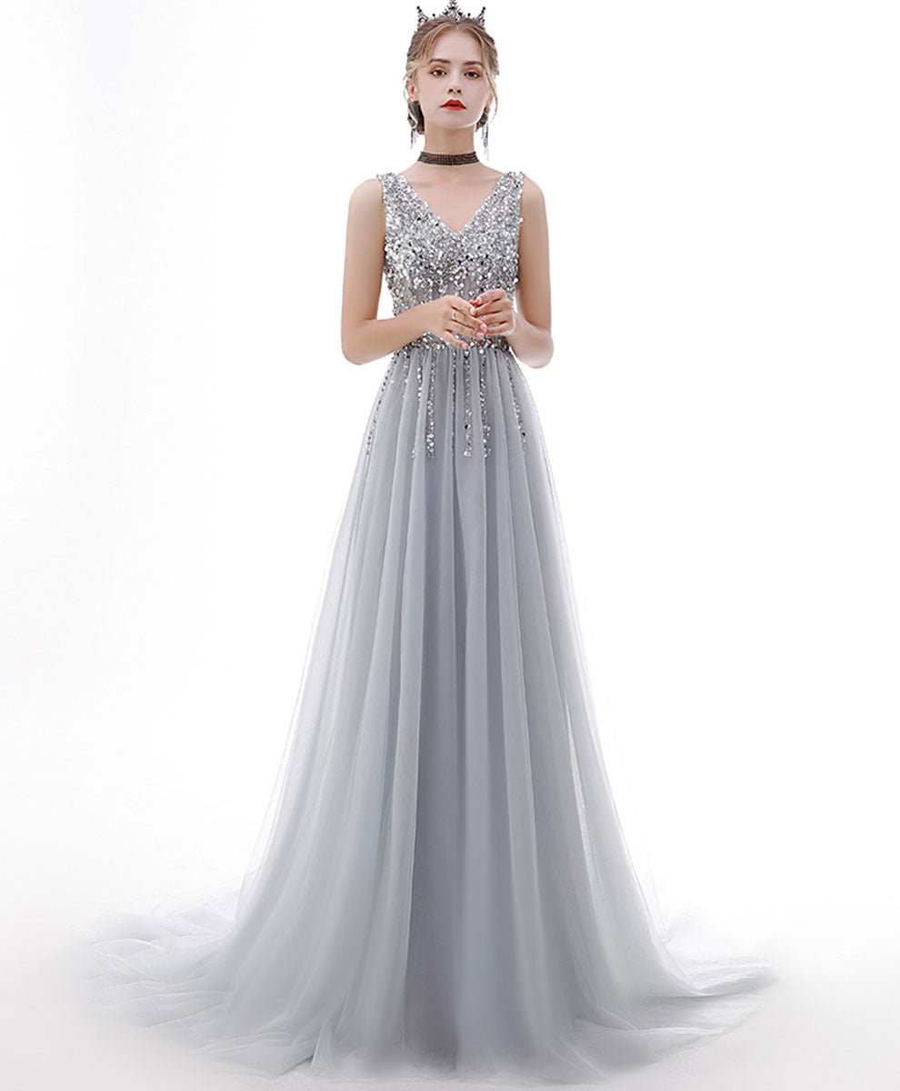 A-Line Silver Gray V-Neck Floor-Length Tulle Sequin Prom Dress with Beaded Bodice