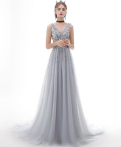 A-Line Silver Gray V-Neck Floor-Length Tulle Sequin Prom Dress with Beaded Bodice