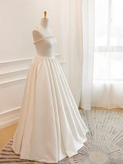 A-Line Ivory Square Neck Floor-Length Satin Prom Dress with Pearl Beaded Trim
