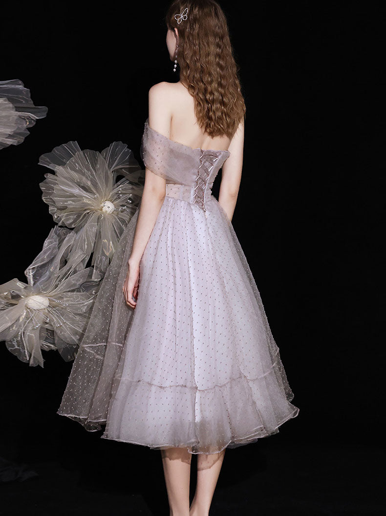 A-Line Strapless Tea-Length Dusty Lavender Tulle Prom Dress with Bow Detail