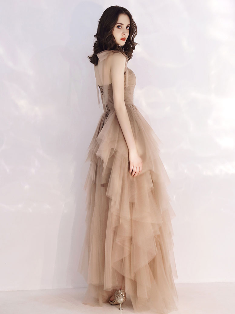 A-Line Bow-Tie Shoulder Straps Floor-Length Champagne Tulle Layered Prom Dress